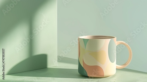 close-up of a coffee mug with a geometric design, on a green table