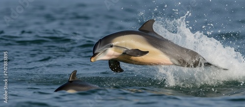 A dolphin mother and her offspring leap out of the water, showcasing their agility and playfulness as they breach the surface in unison.