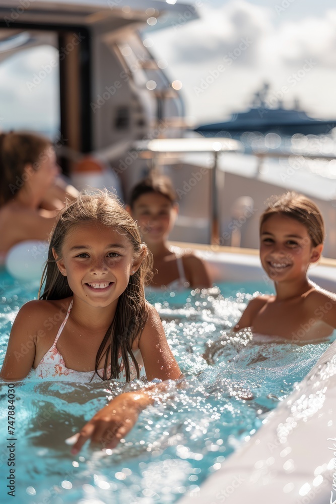 Fototapeta premium Professional Photography of a Family Enjoying a Fun-Filled Vacation Onboard a Luxury Yacht, Generative AI
