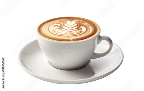 A cappuccino with frothy milk is placed on a saucer, resting on a white plate. The creamy coffee contrasts with the clean white background, highlighting the simple elegance of the drink.