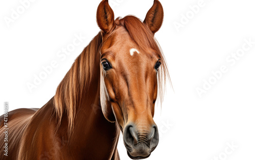 This image shows a detailed view of a brown horse standing against a clean white background. The horses features are prominently displayed  highlighting its coat color and texture.
