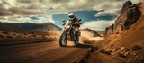 Motorcyclist on a dirt road in the desert.