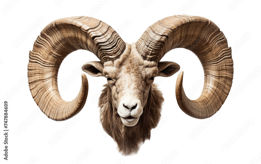 A rams head is featured in the center of the frame, showcasing its distinctive long horns and textured fur. The horns curve gracefully outward.