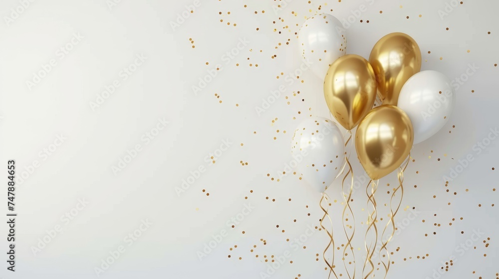 Fototapeta premium Balloons with confetti. Background template design with helium balloons for Party for Birthday and anniversary celebration, carnival. weddings and valentine's day and international women's day