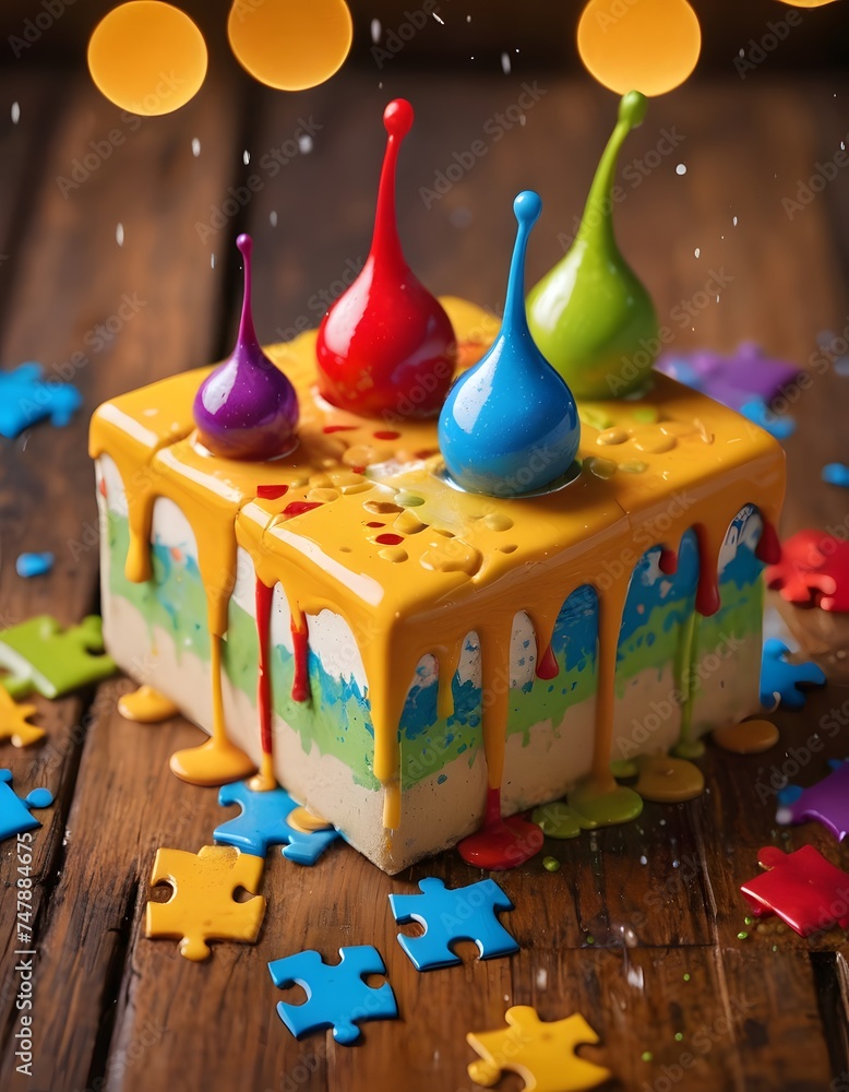 A playful and artistically decorated cake, featuring splashes of colorful icing and whimsical paint drops. It sits amidst a scattering of puzzle pieces, hinting at creative joy.