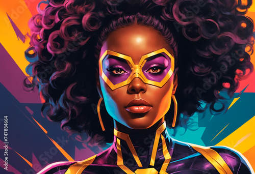 African american woman dressed as a superhero stands confidently in front of a vibrant and colorful background. She is wearing a superhero costume, exuding strength and power photo