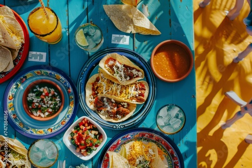 Colorful mexican cuisine setup with fresh food and drinks on vibrant table