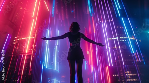 Beautiful Woman standing amidst Futuristic Skyline - Cyberpunk Vibes with Neon Lights and Holograms Illuminating her Figure - Amazing Cyberpunk Girl Background created with Generative AI Technology © Sentoriak