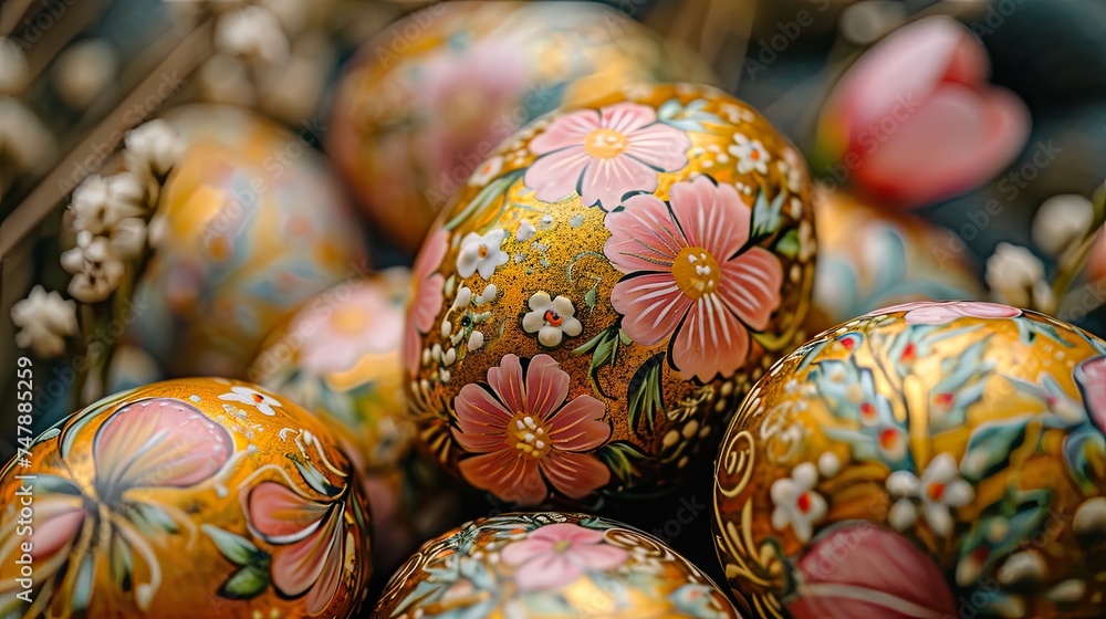 Up close shut of bunch of festively painted or decorated Easter eggs in floral motifs, AI generated Up close shut of bunch of festively painted or decorated Easter eggs in floral motifs, AI generated