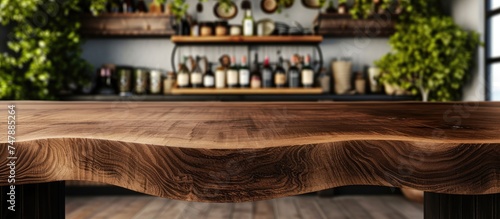 Wallpaper Mural A spacious room features a large wooden table surrounded by green potted plants, creating a natural and calming atmosphere. The table is ready for use, perhaps in a coffee shop or restaurant, with a Torontodigital.ca