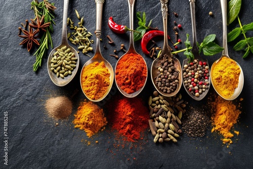 Exquisite culinary composition of spices like turmeric, chili, and herbs in spoons, against a dark backdrop that accentuates their rich colors and textures