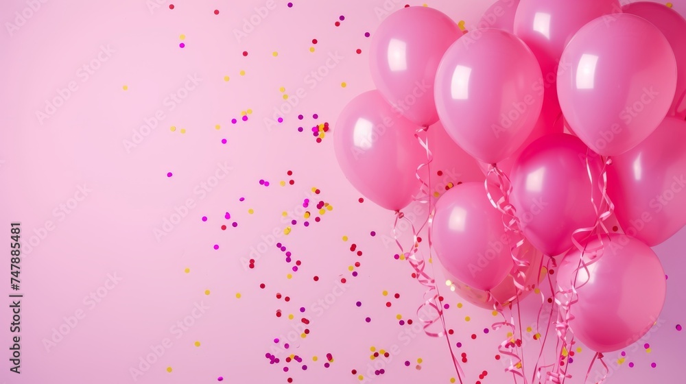 Balloons with confetti. Background template design with helium balloons for Party for Birthday and anniversary celebration, carnival. weddings and valentine's day and international women's day Balloons with confetti. Background template design with helium balloons for Party for Birthday and anniversary celebration, carnival. weddings and valentine's day and international women's day