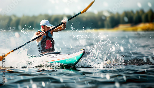 Man athlete takes part championship of canoe racing, kayak racing. Outdoor sport, canoeing competition race . Strong sport man canoeist rowing in water of river.