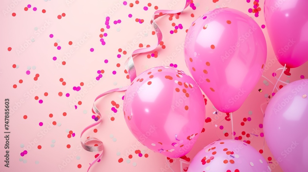 Balloons with confetti. Background template design with helium balloons for Party for Birthday and anniversary celebration, carnival. weddings and valentine's day and international women's day