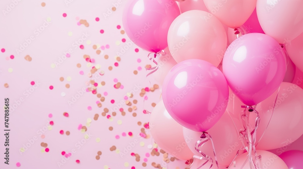Balloons with confetti. Background template design with helium balloons for Party for Birthday and anniversary celebration, carnival. weddings and valentine's day and international women's day Balloons with confetti. Background template design with helium balloons for Party for Birthday and anniversary celebration, carnival. weddings and valentine's day and international women's day