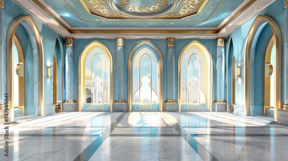 3d luxury room with arches arabian architecture. ramadan kareem concept