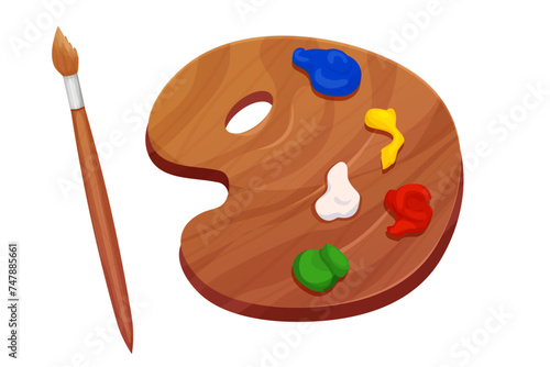 Wood pallette for paint with paintbrush, painters equipment for using and mixing colors isolated on white background.
