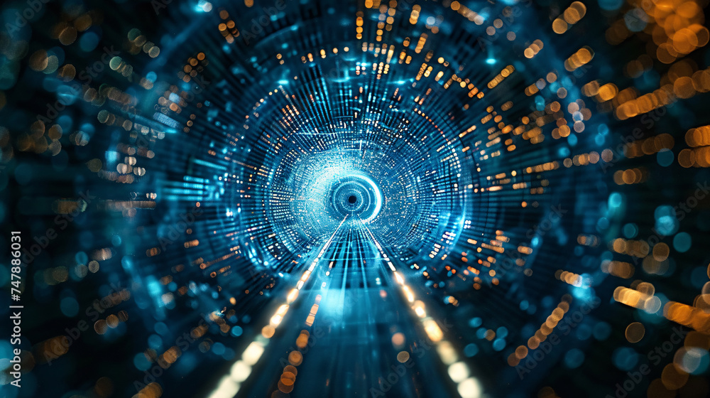 Obraz premium Particle flow tunnel space vortex, Internet science and technology creative background