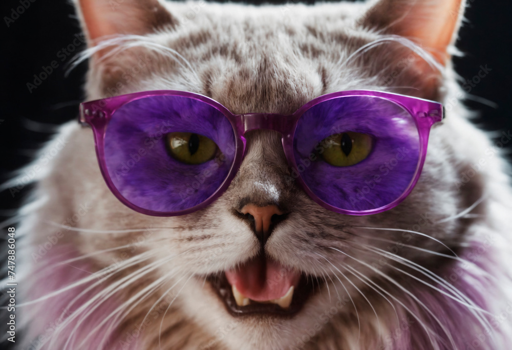 Close-up of a portrait of a beautiful cat with an open mouth wearing glasses