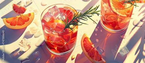 A table is adorned with glasses filled with refreshing summer beverages made of grapefruit and ice, garnished with rosemary sprigs and fruit slices, all casting shadows under sunlight.