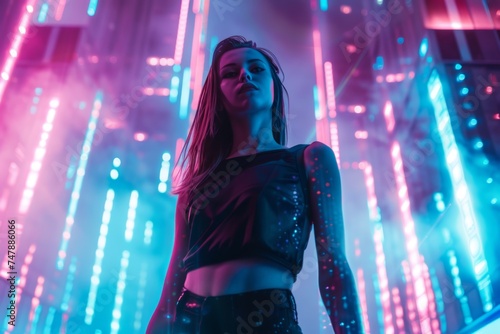 Beautiful Woman standing amidst Futuristic Skyline - Cyberpunk Vibes with Neon Lights and Holograms Illuminating her Figure - Amazing Cyberpunk Girl Background created with Generative AI Technology