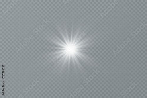 White glowing light explodes on a transparent background. with ray. Transparent shining sun, bright flash. Special lens flare light effect. 