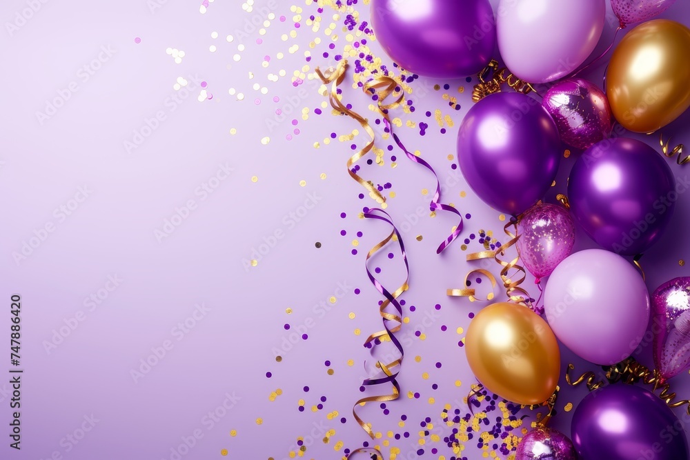 Balloons with confetti. Background template design with helium balloons for Party for Birthday and anniversary celebration, carnival. weddings and valentine's day and international women's day Balloons with confetti. Background template design with helium balloons for Party for Birthday and anniversary celebration, carnival. weddings and valentine's day and international women's day
