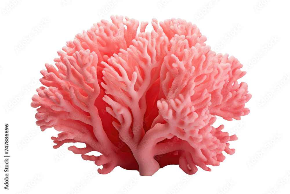 A vibrant pink coral stands out against a stark white background. The intricate details of the corals structure are highlighted, showcasing its beauty in contrast to the clean backdrop.