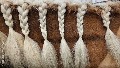 a Closeup of brown Horse's Braided Mane. Horse Grooming Theme.