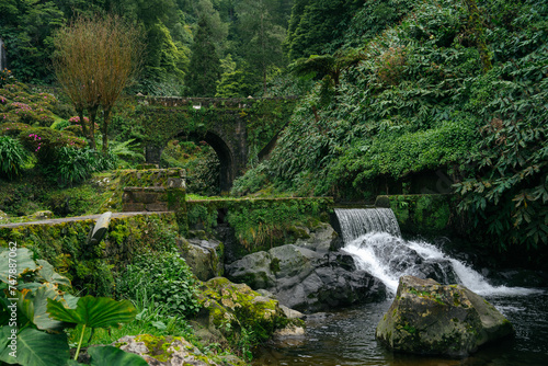 Beautiful waterfall in the Ribeira dos Caldeirões Natural Park, São Miguel, Azores, Portugal.