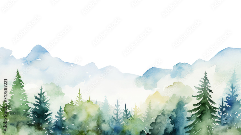 Fototapeta premium Watercolor mountains spruce trees landscape forest border, isolated hand drawn, watercolor illustration transparent background - Generative ai