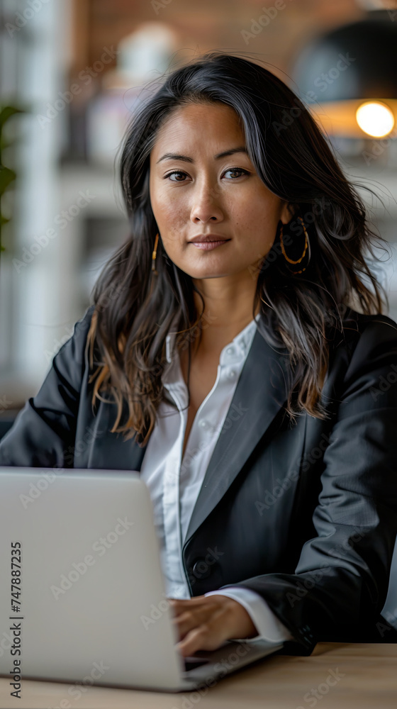 Asian business woman working on a laptop in a professional office. Asian business woman working on a laptop in a professional office.