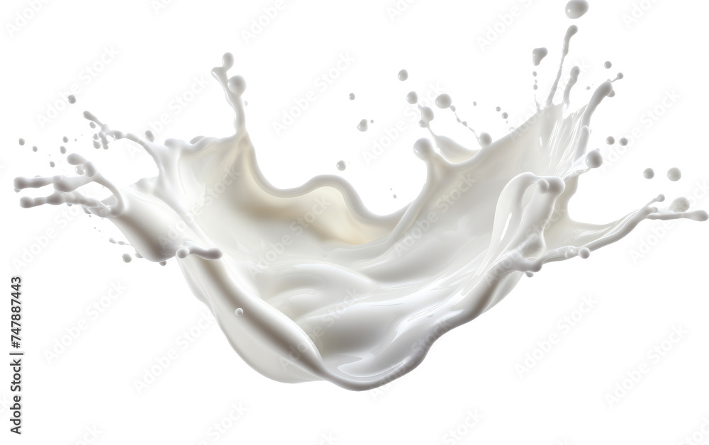 A single splash of milk frozen in motion on a stark white background. The milk creates an interesting pattern as it disperses, showcasing its fluid dynamics. A single splash of milk frozen in motion on a stark white background. The milk creates an interesting pattern as it disperses, showcasing its fluid dynamics.