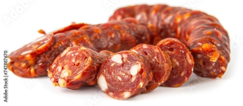 Multiple slices of Spanish chorizo salami are arranged neatly on a plain white surface. The salami pieces showcase their rich red color and distinct marbling, creating an appetizing display.