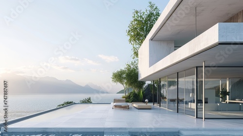 3D rendering of modern building with terrace and swimming pool on sea view background, an idea for a family vacation. © Zaleman