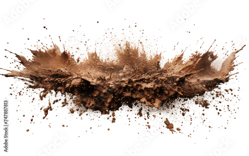 A mound of dirt has been piled up on a smooth white surface, creating a contrast of textures and colors. The dirt appears freshly disturbed, with small particles scattered around the base. photo
