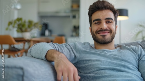 Middle Eastern guy sitting on comfortable couch in living room. Cheerful man relaxing on sofa, leaning back, enjoying weekend free time or break from work.