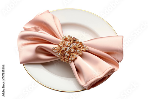 A plate placed on a surface  featuring a pink bow attached to it. The plate is clean and smooth  with the pink bow standing out as the main focal point of the composition.