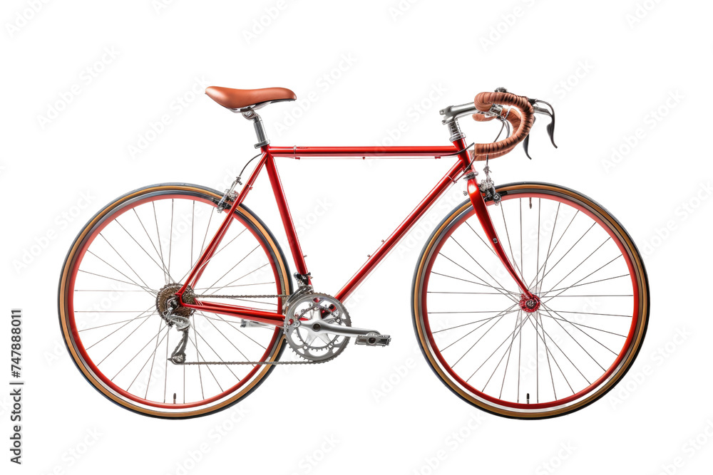 A vibrant red bicycle is prominently displayed against a stark white background. The bicycle appears to be in good condition, with its frame and wheels clearly visible.