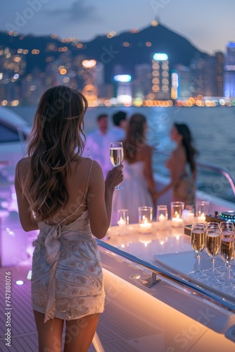 Professional Photography of a Glamorous Yacht Party Underway, With Guests Sipping Champagne on The Deck, a DJ Spinning Tunes, Generative AI