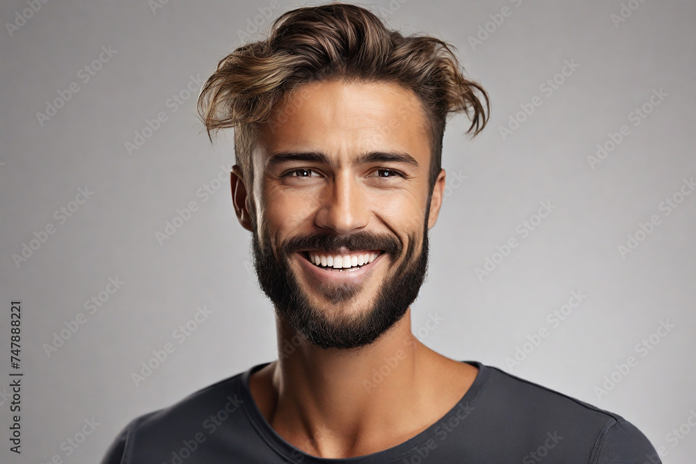 Portrait of a handsome young man with a beard and mustache smiling and looking at the camera. - obrazy, fototapety, plakaty 