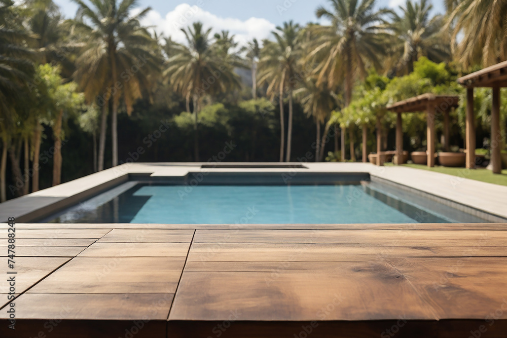Fototapeta premium Wood table top on blur swimming pool background 