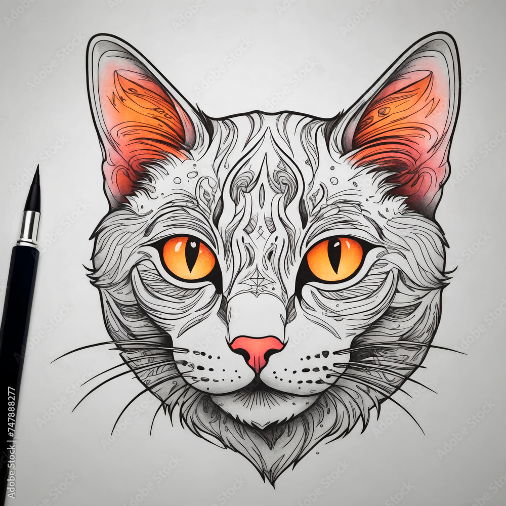 A sketch of a tattoo with the image of a multicolored cat.