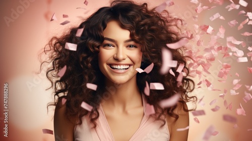 Portrait of a beautiful young woman with flying confetti over pink background © nahij