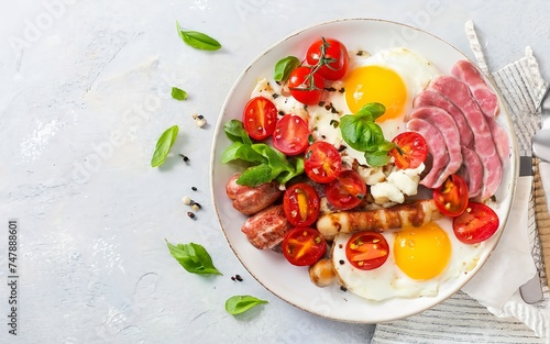 English breakfast - fried eggs, sausages, tomatoes and feta cheese. American food