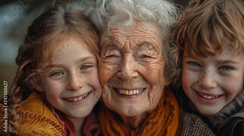 An image of grandmother and grandchildren laughing close-up