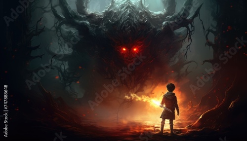 dark fantasy concept showing the boy with a torch facing smoke monsters with boy
