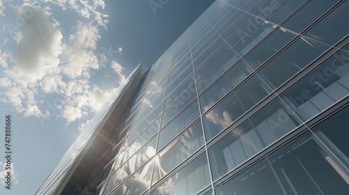 A view of a high rise building with a dark steel window system and clouds reflected on the glass. Business concept of future architecture, looking up at the corner of the building. Three-dimensional