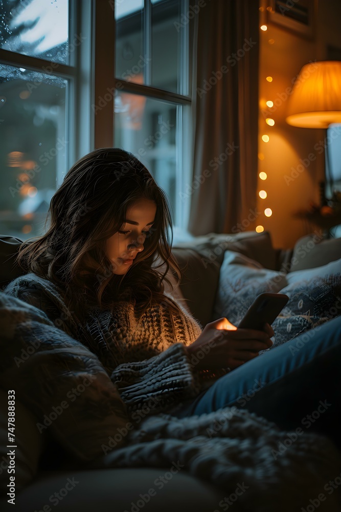 Anxious woman scrolling on phone while sitting on couch at home. Concept Anxiety, Technology, Home environment, Mental health, Social media use Anxious woman scrolling on phone while sitting on couch at home. Concept Anxiety, Technology, Home environment, Mental health, Social media use