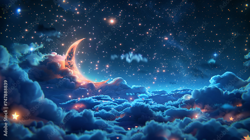 World Sleep Day moon and stars background, cure autism fairy tale starry sky scene illustration - obrazy, fototapety, plakaty 